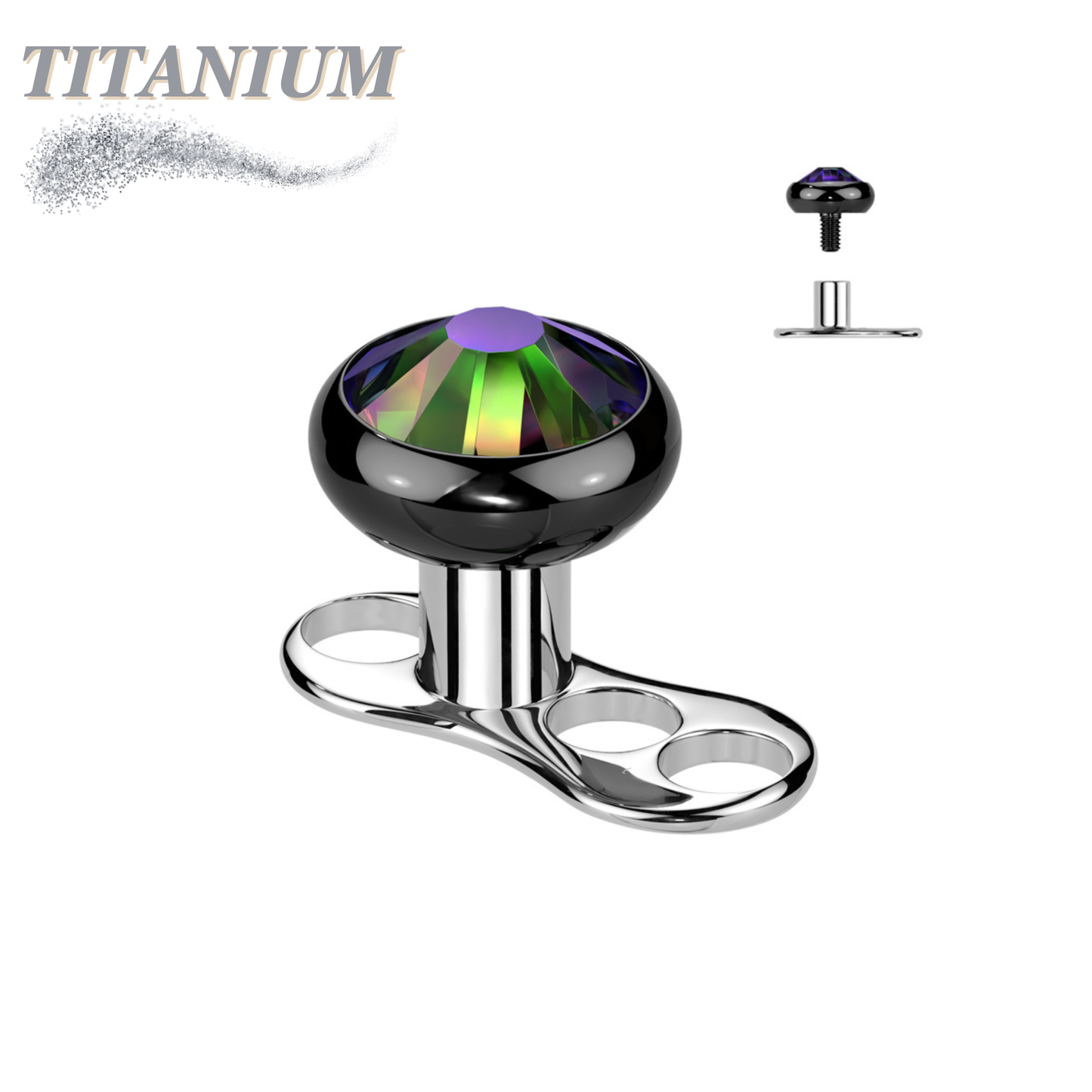 Titanium Internally Threaded 3 Hole Dermal Anchor w/ Titanium Flat Round Crystal Top (2mm Rise)