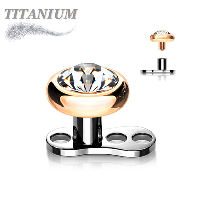 Titanium Internally Threaded 3 Hole Dermal Anchor w/ Titanium Flat Round Crystal Top (2mm Rise)