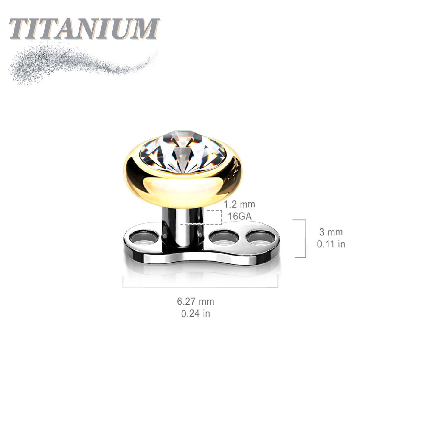 Titanium Internally Threaded 3 Hole Dermal Anchor w/ Titanium Flat Round Crystal Top (2mm Rise)