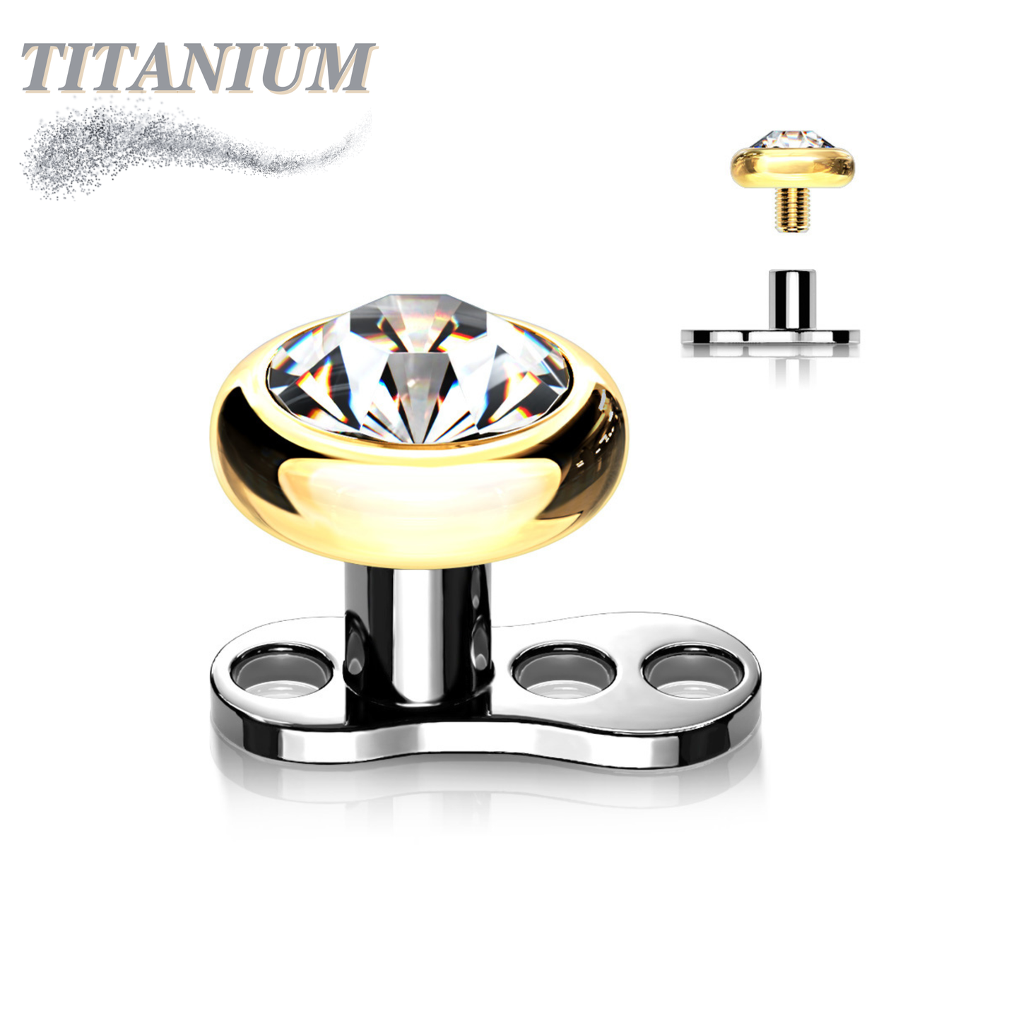 Titanium Internally Threaded 3 Hole Dermal Anchor w/ Titanium Flat Round Crystal Top (2mm Rise)