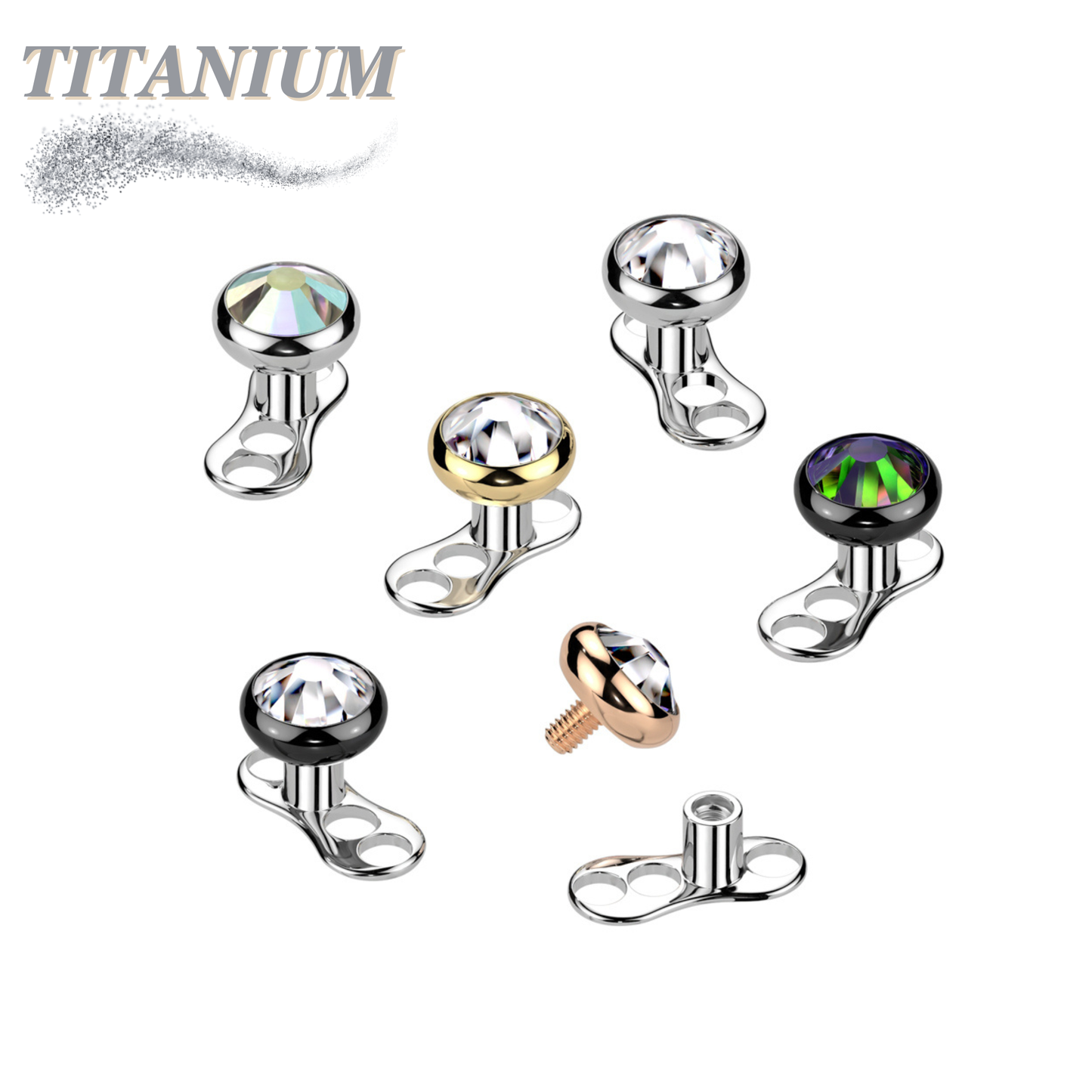Titanium Internally Threaded 3 Hole Dermal Anchor w/ Titanium Flat Round Crystal Top (2mm Rise)