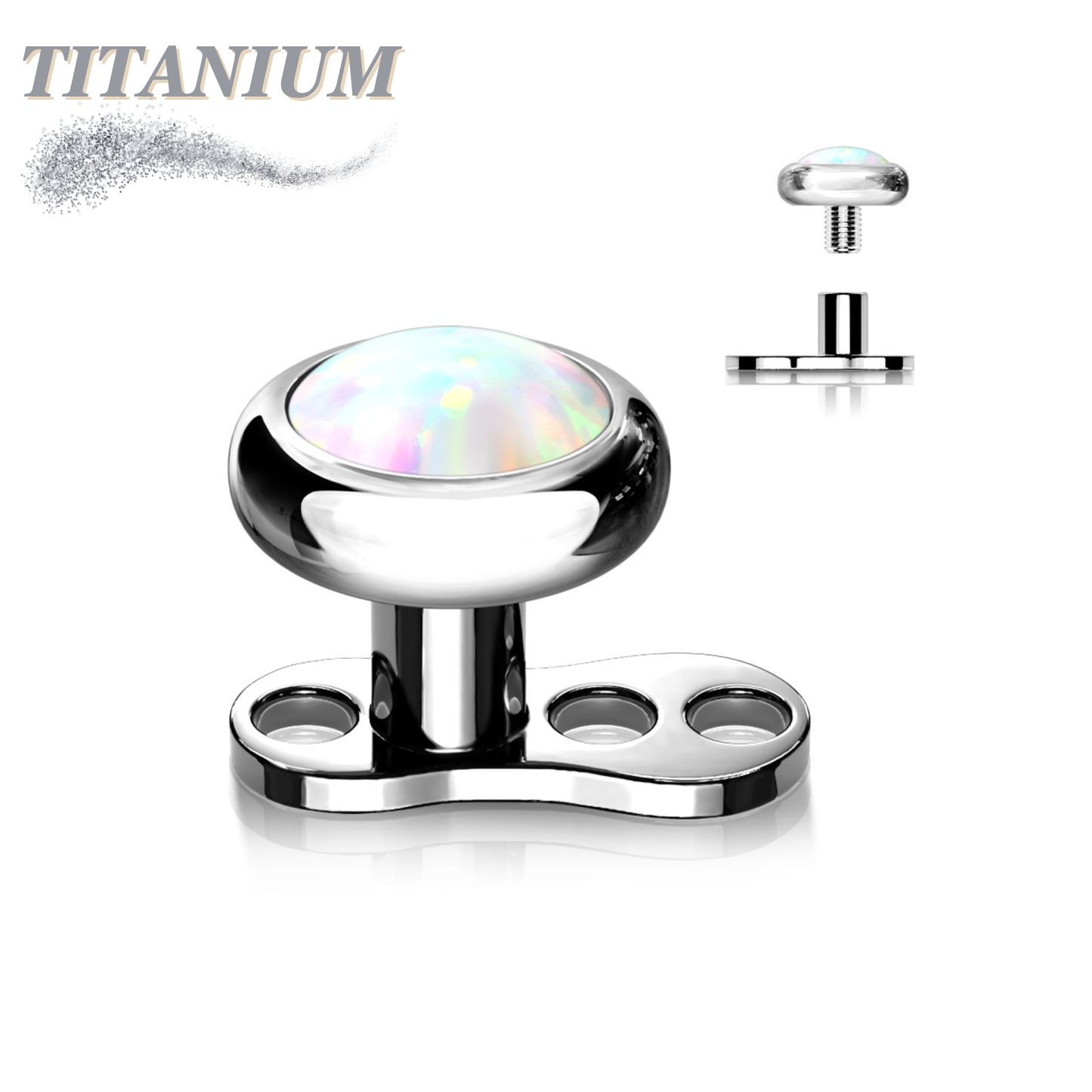 Titanium 16G 3 Hole Dermal Anchor w/ Titanium Flat Round 4mm Opal Top (2mm Rise)