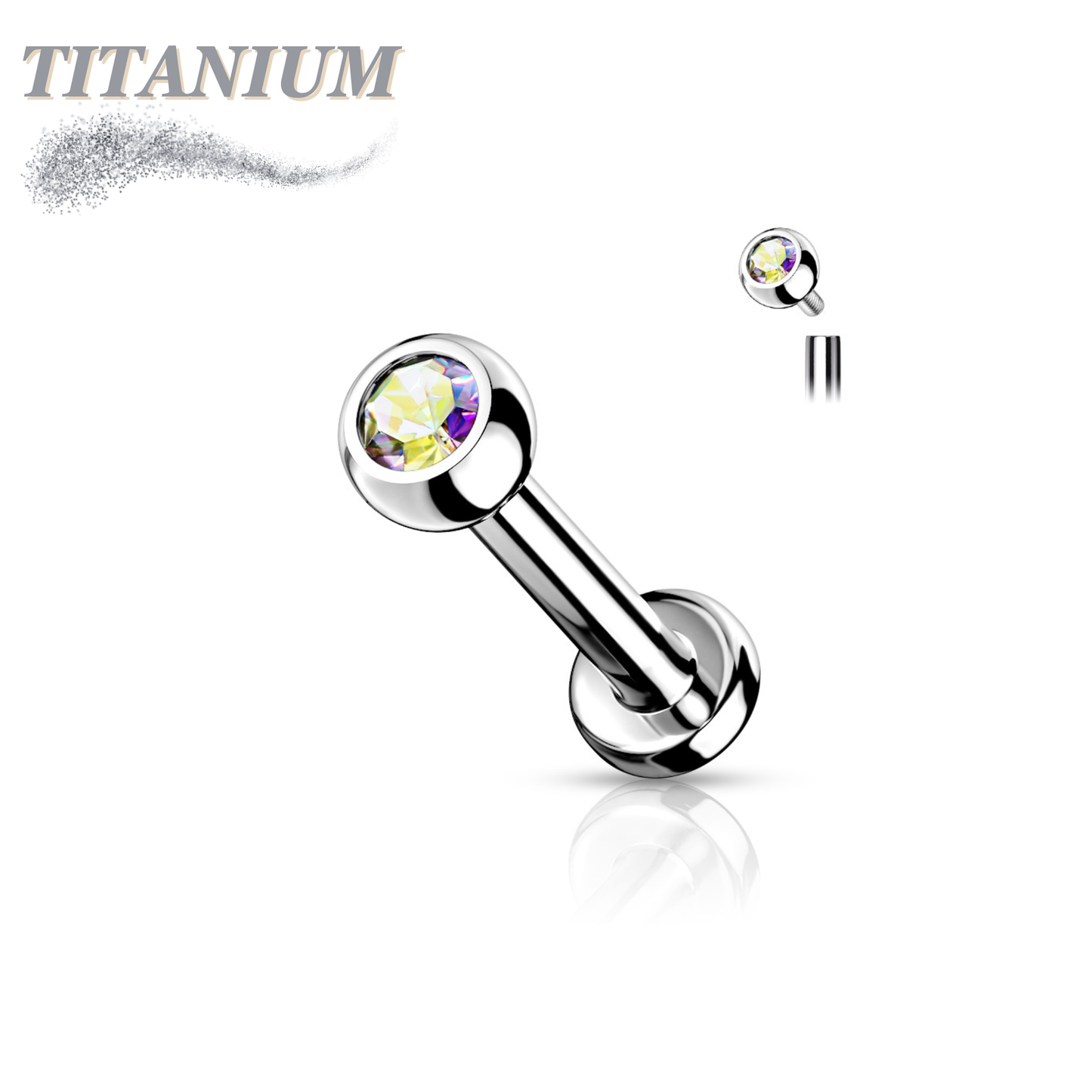 Titanium Internally Threaded Labret with CZ Bezel Set Ball - 3mm Base
