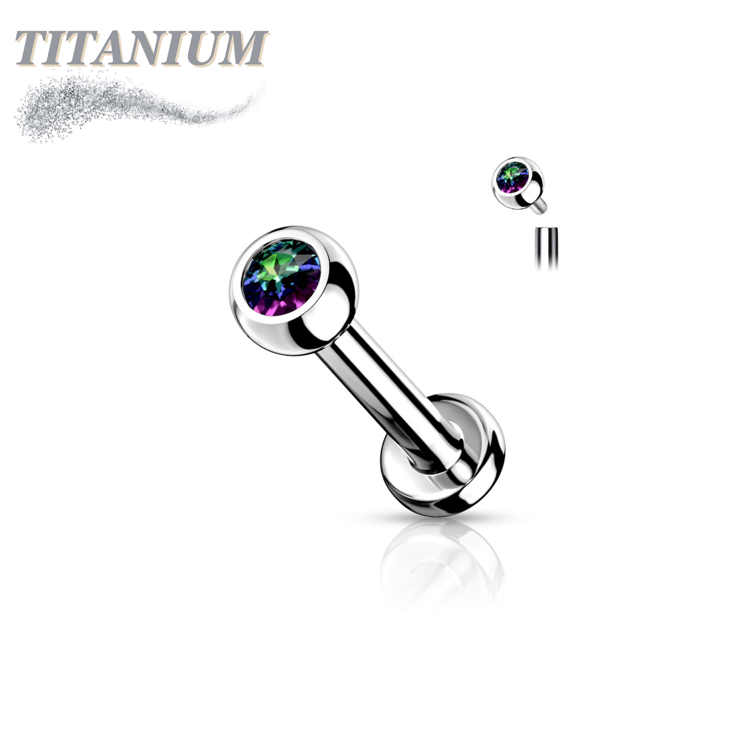 Titanium Internally Threaded Labret with CZ Bezel Set Ball - 3mm Base
