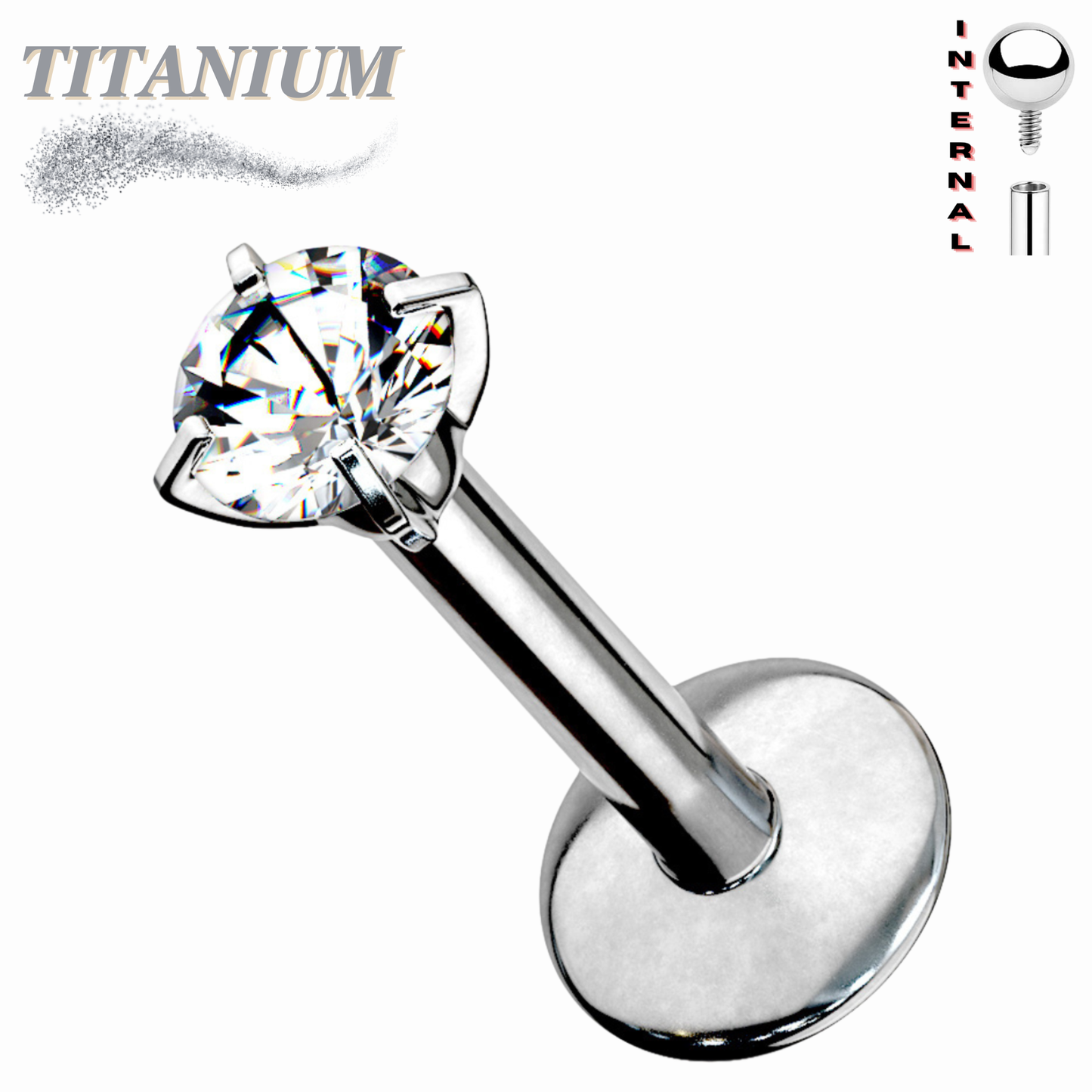 Titanium Internal Thread Labret with Prong Set CZ (3mm Base)