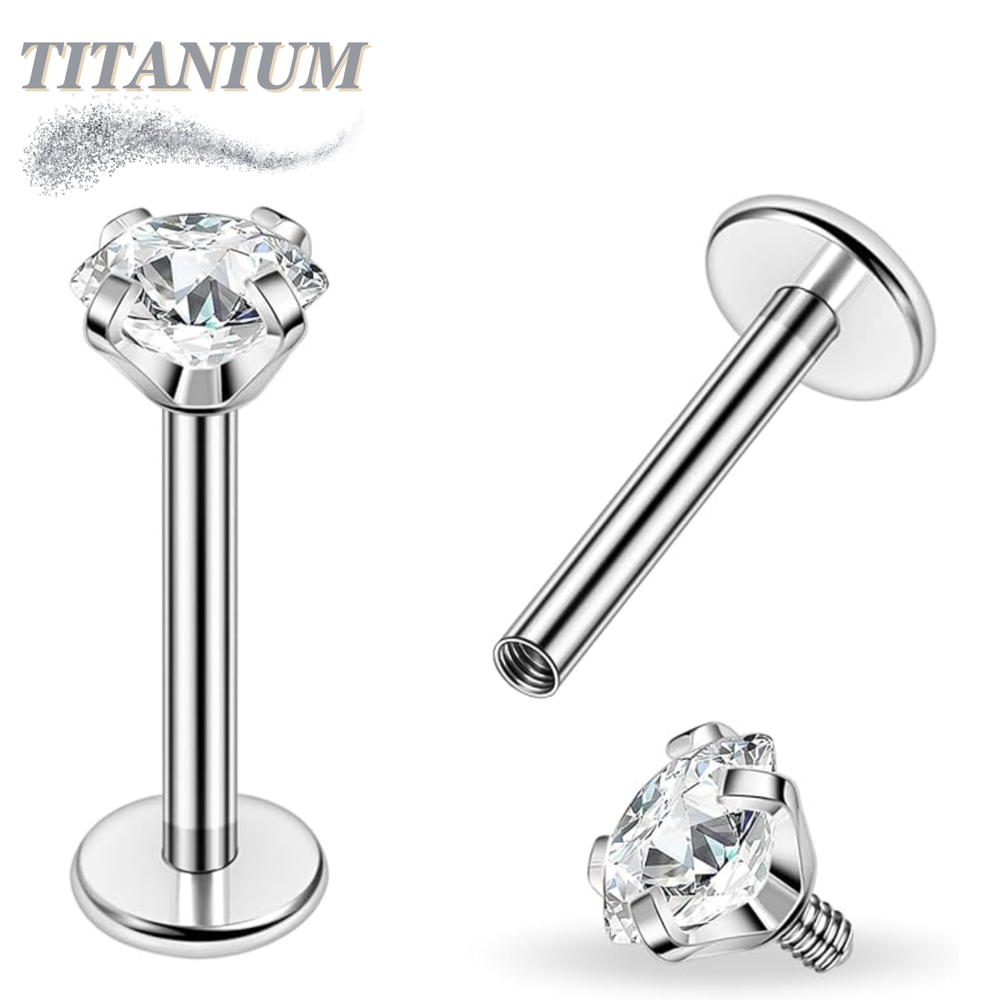 Titanium Internal Thread Labret with Prong Set CZ (4mm Base)