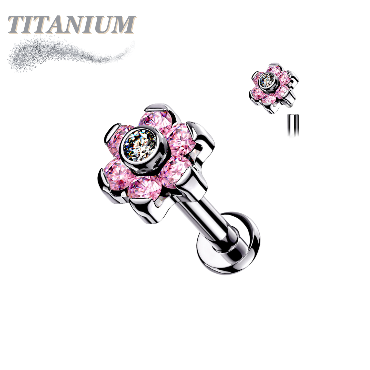 Titanium  Internally Threaded Labret w/CZ Set Flower Top