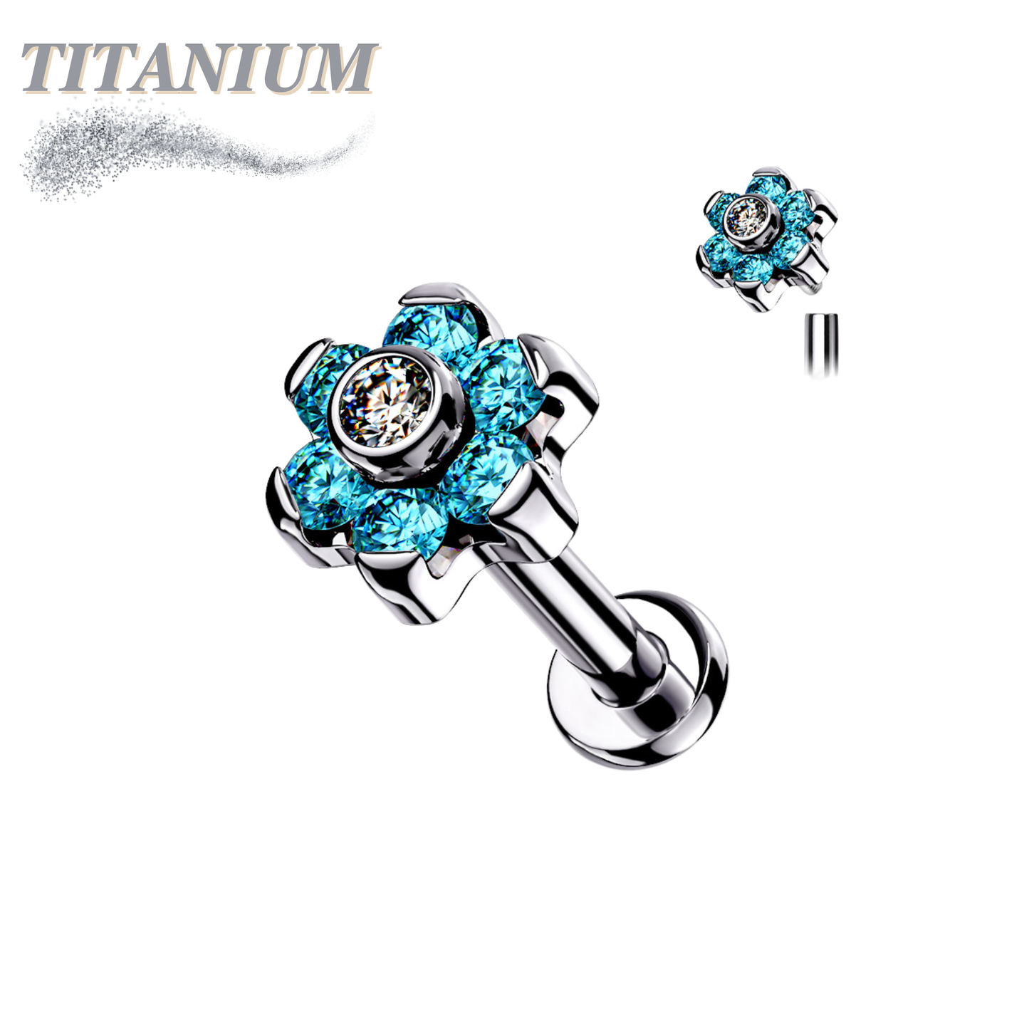 Titanium  Internally Threaded Labret w/CZ Set Flower Top