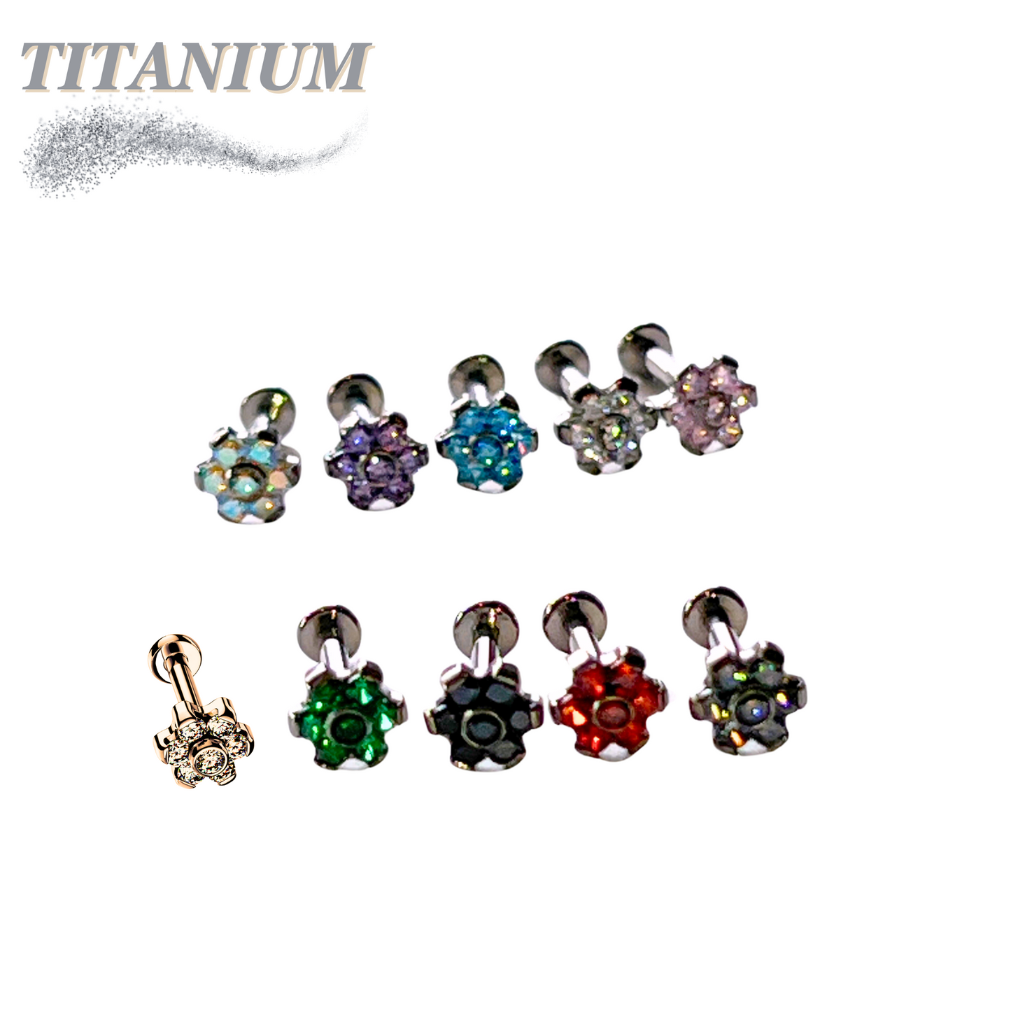 Titanium  Internally Threaded Labret w/CZ Set Flower Top