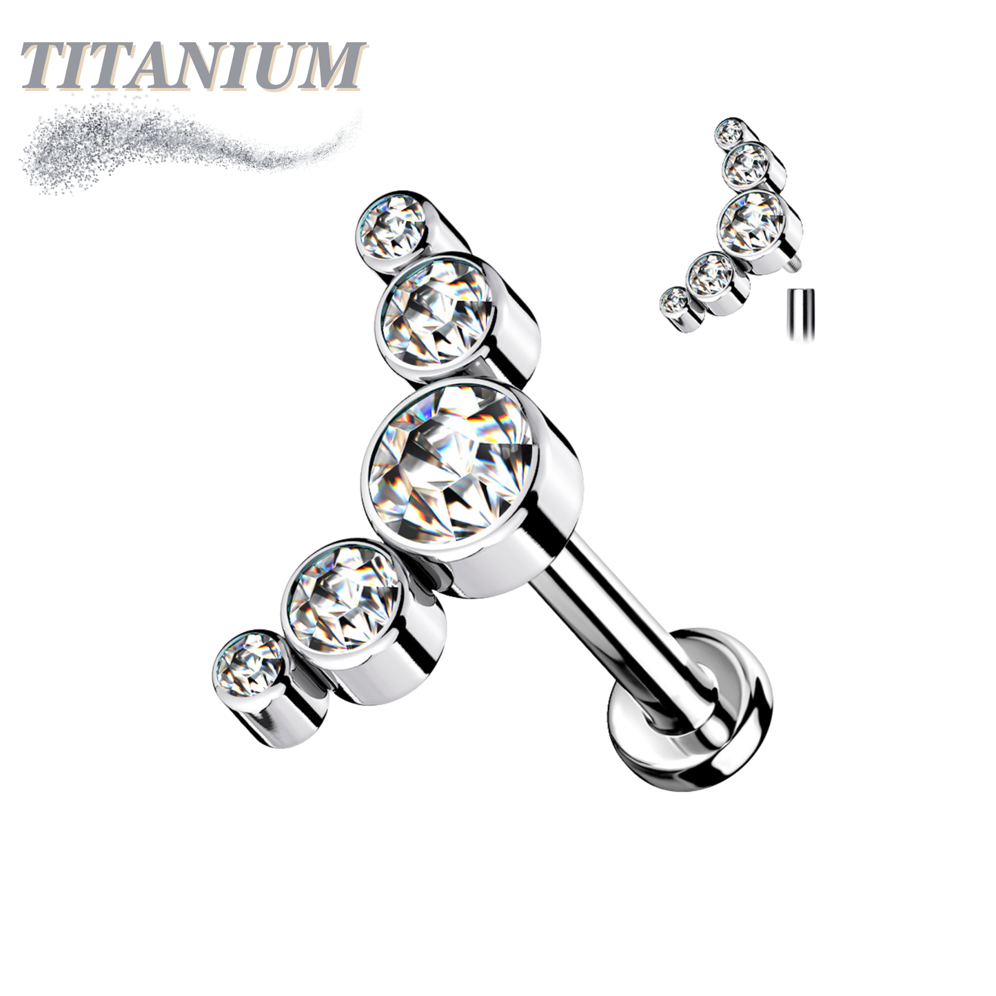 Titanium Internally Threaded Labret w/ 5 Round CZ Bezel Curve Design