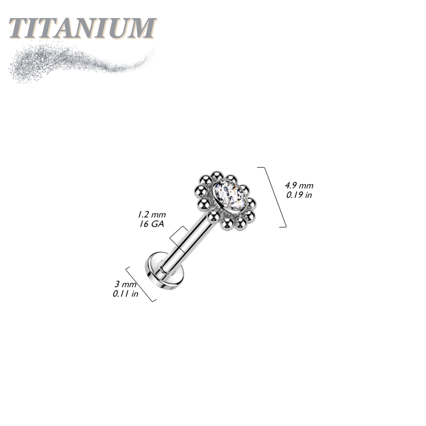 Titanium Internally Threaded Labret w/ Flower CZ Centre Surrounded by Micro Balls Top