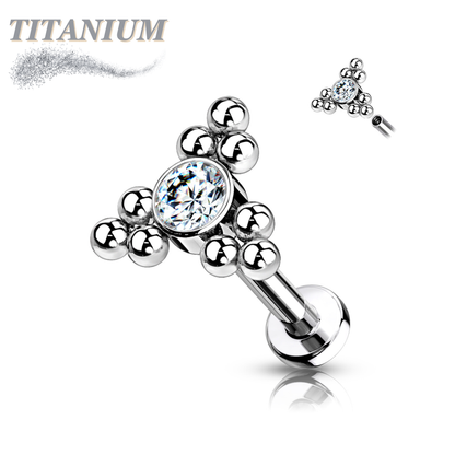 Titanium Internal Thread Labret Single CZ with Triple Ball Clusters