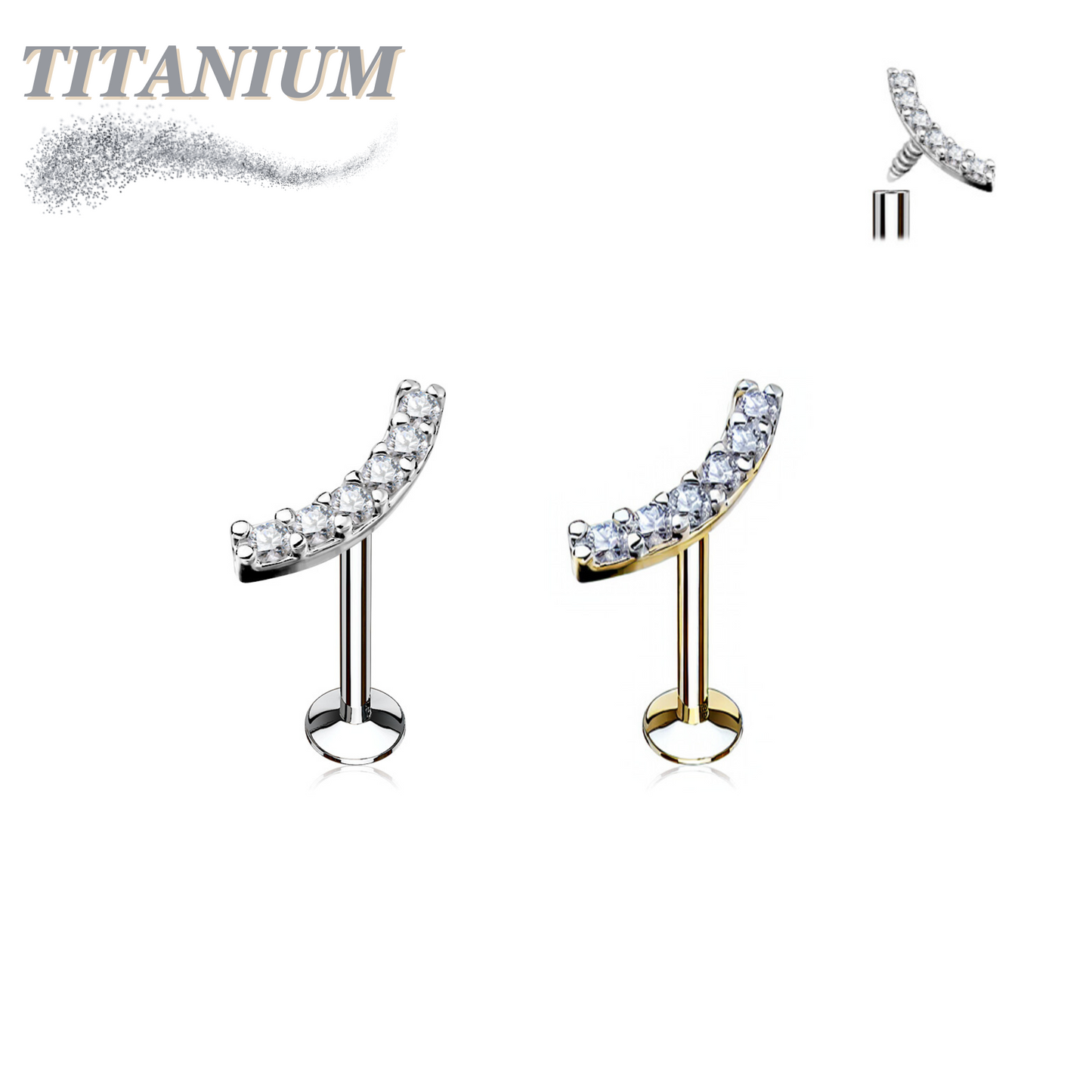 Titanium Internally Threaded Labret w/ Currved CZ Lined Top