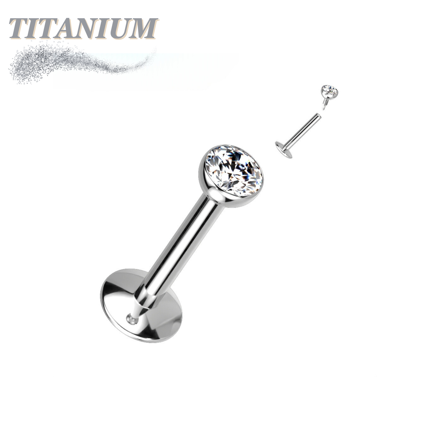 Titanium Internal Thread Bezel CZ EASY FIT Labret with Extended Threading