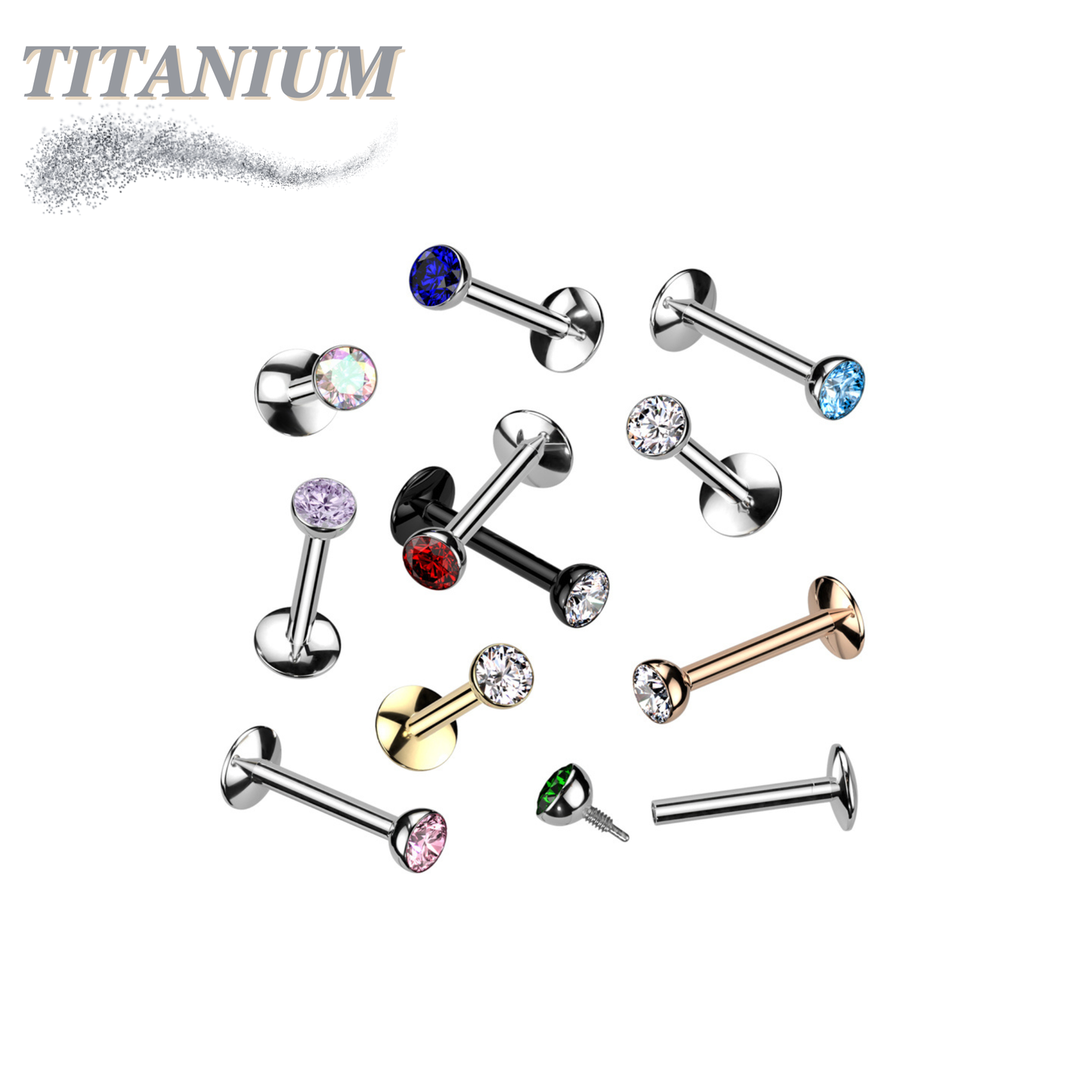 Titanium Internal Thread Bezel CZ EASY FIT Labret with Extended Threading
