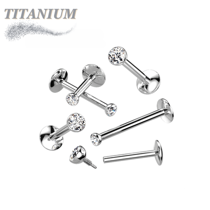Titanium Internal Thread Bezel CZ EASY FIT Labret with Extended Threading
