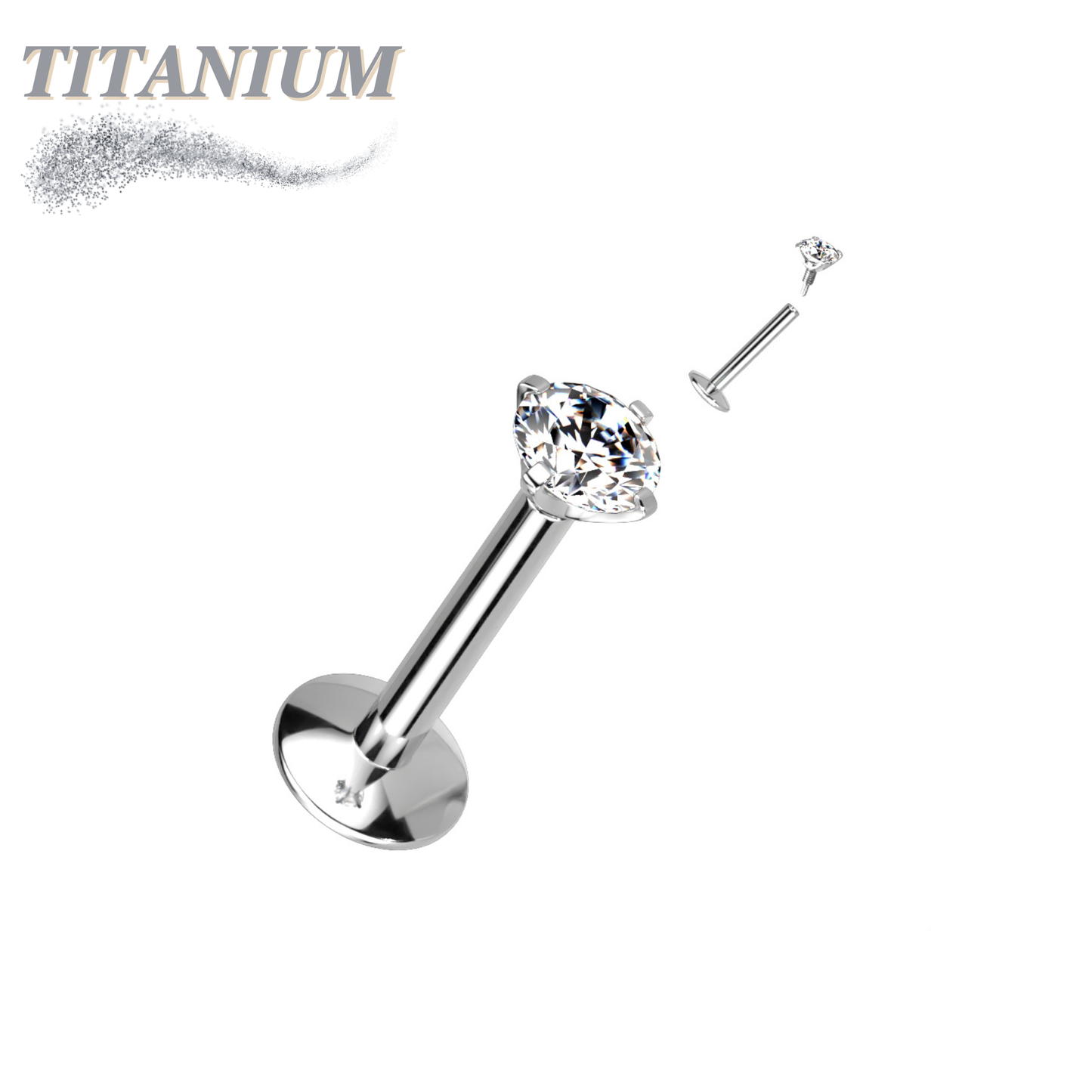 Titanium Internal Thread Prong CZ  EASY FIT Labret with Extended Threading