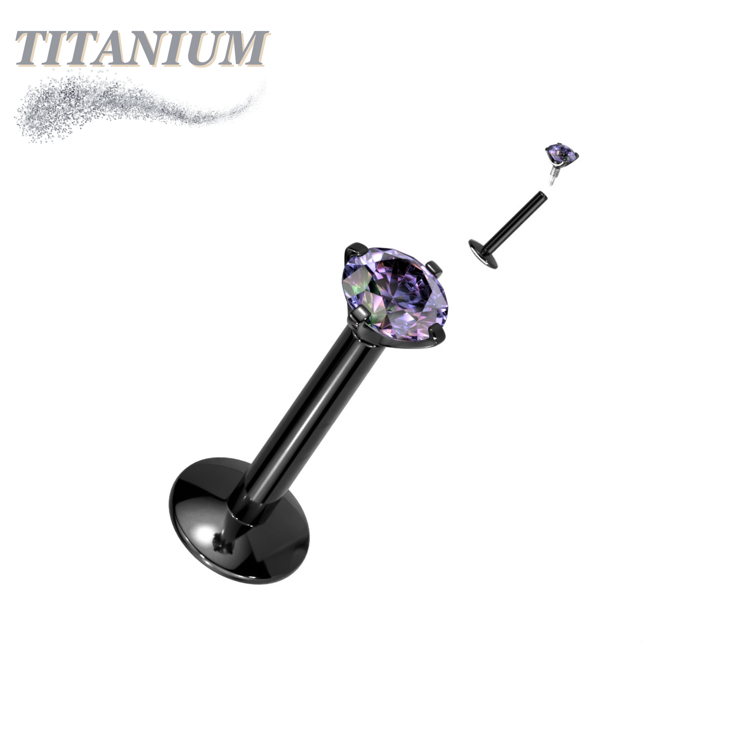 Titanium Internal Thread Prong CZ  EASY FIT Labret with Extended Threading