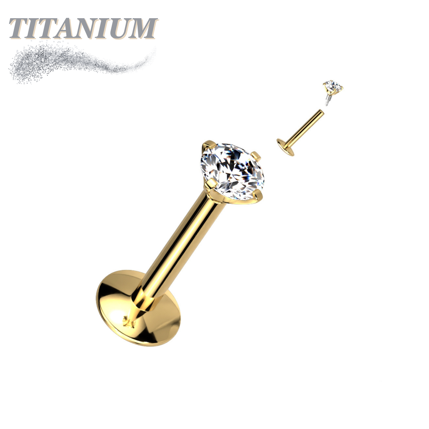 Titanium Internal Thread Prong CZ  EASY FIT Labret with Extended Threading