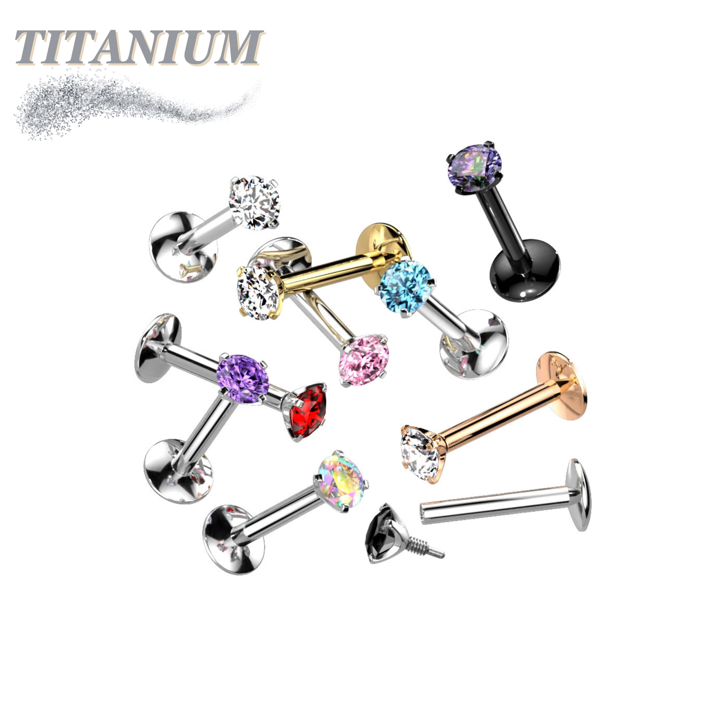 Titanium Internal Thread Prong CZ  EASY FIT Labret with Extended Threading
