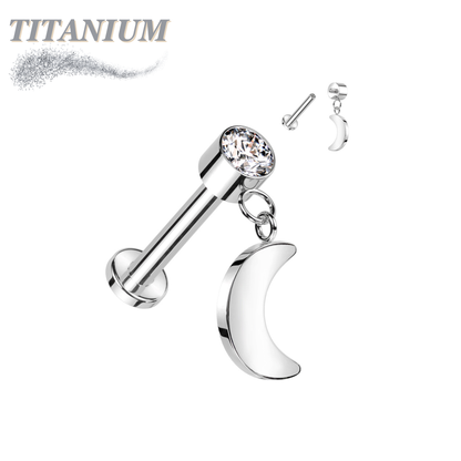 Titanium Internal Thread Labret with CZ and Crescent Moon Dangle