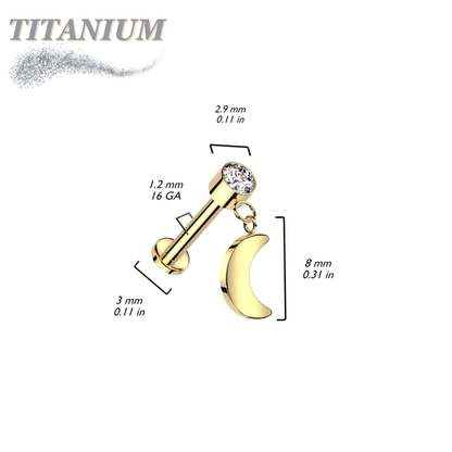 Titanium Internal Thread Labret with CZ and Crescent Moon Dangle