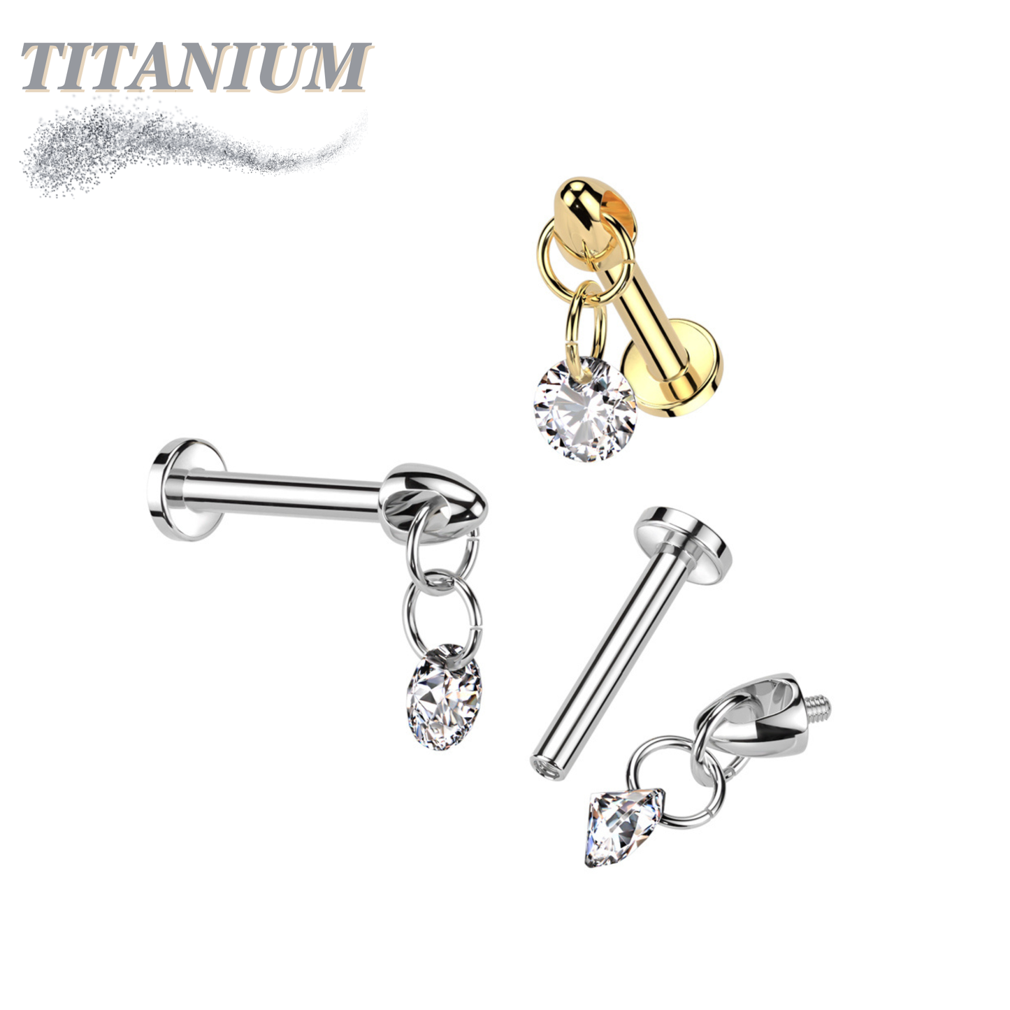 Titanium Internally Threaded Labret with Dangle CZ