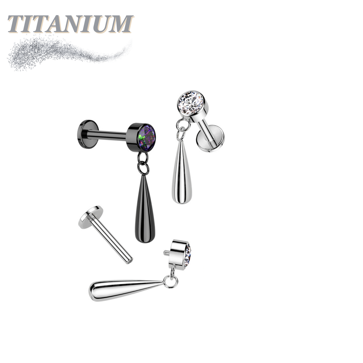 Titanium Internally Threaded CZ Bezel with Dangle Teardrop