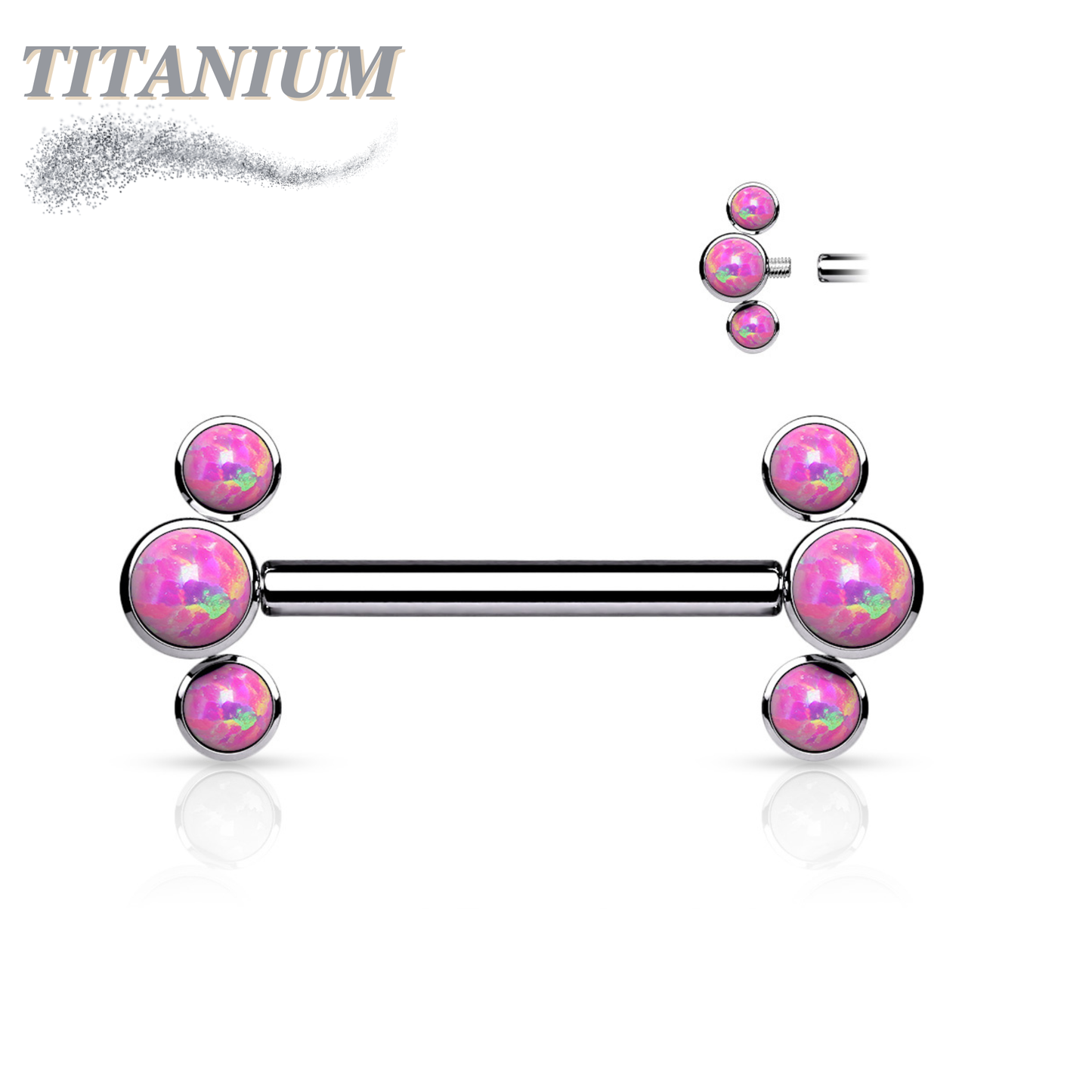 Titanium Internally Threaded Nipple Bars w/ 3 Forward Facing Opals in a Curve