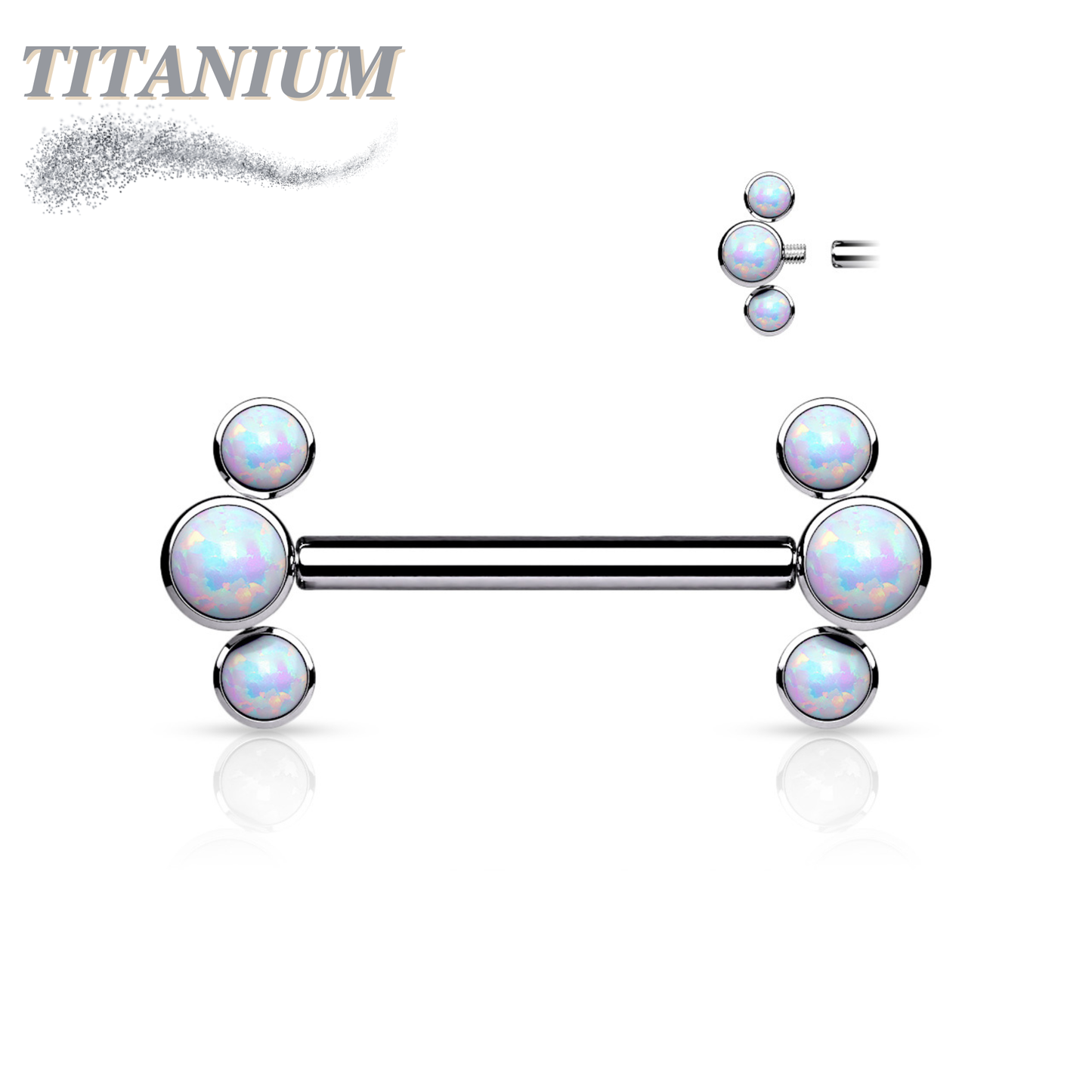 Titanium Internally Threaded Nipple Bars w/ 3 Forward Facing Opals in a Curve