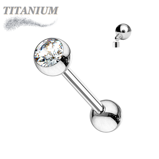 Titanium Tongue Barbell with One Bezel Gem and One Fixed Ball Internal Thread