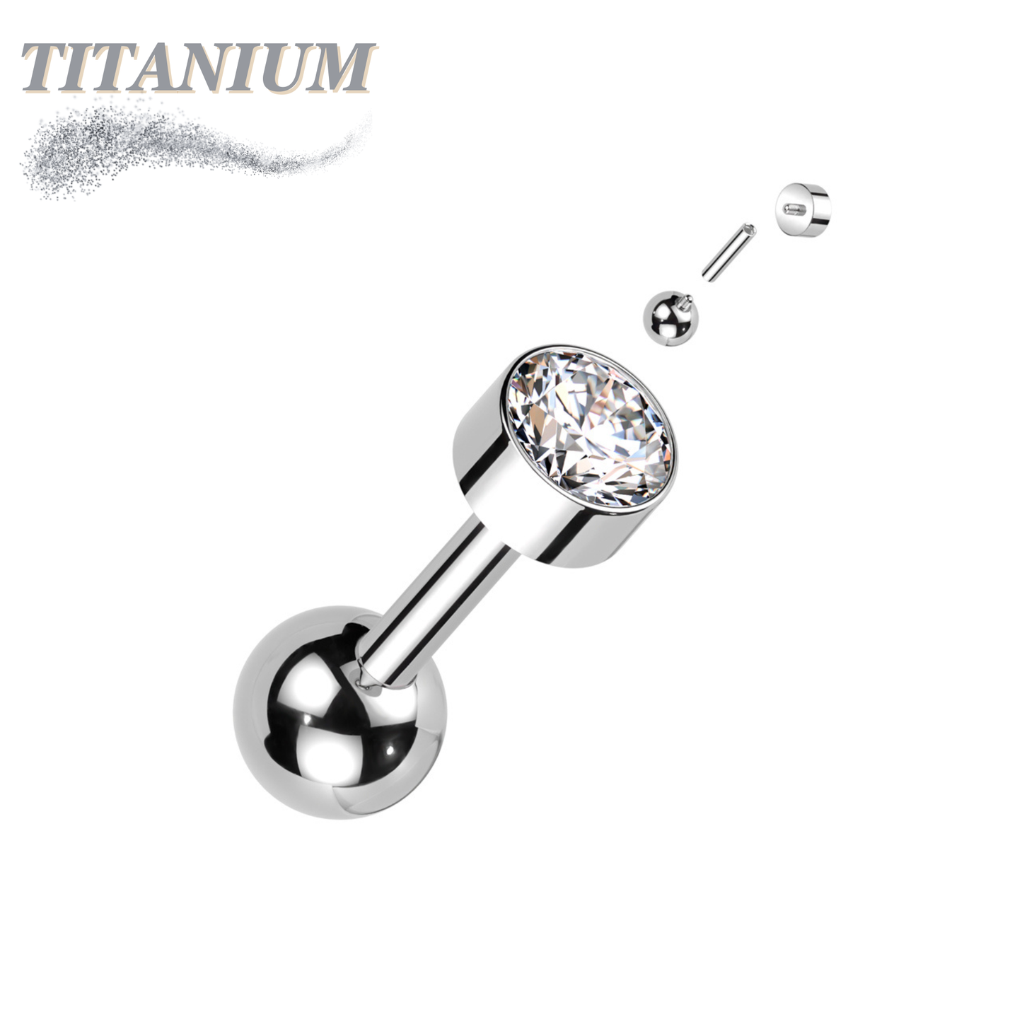 Titanium Internally Threaded Cartilage Barbell with Premium Round Bezel Set CZ