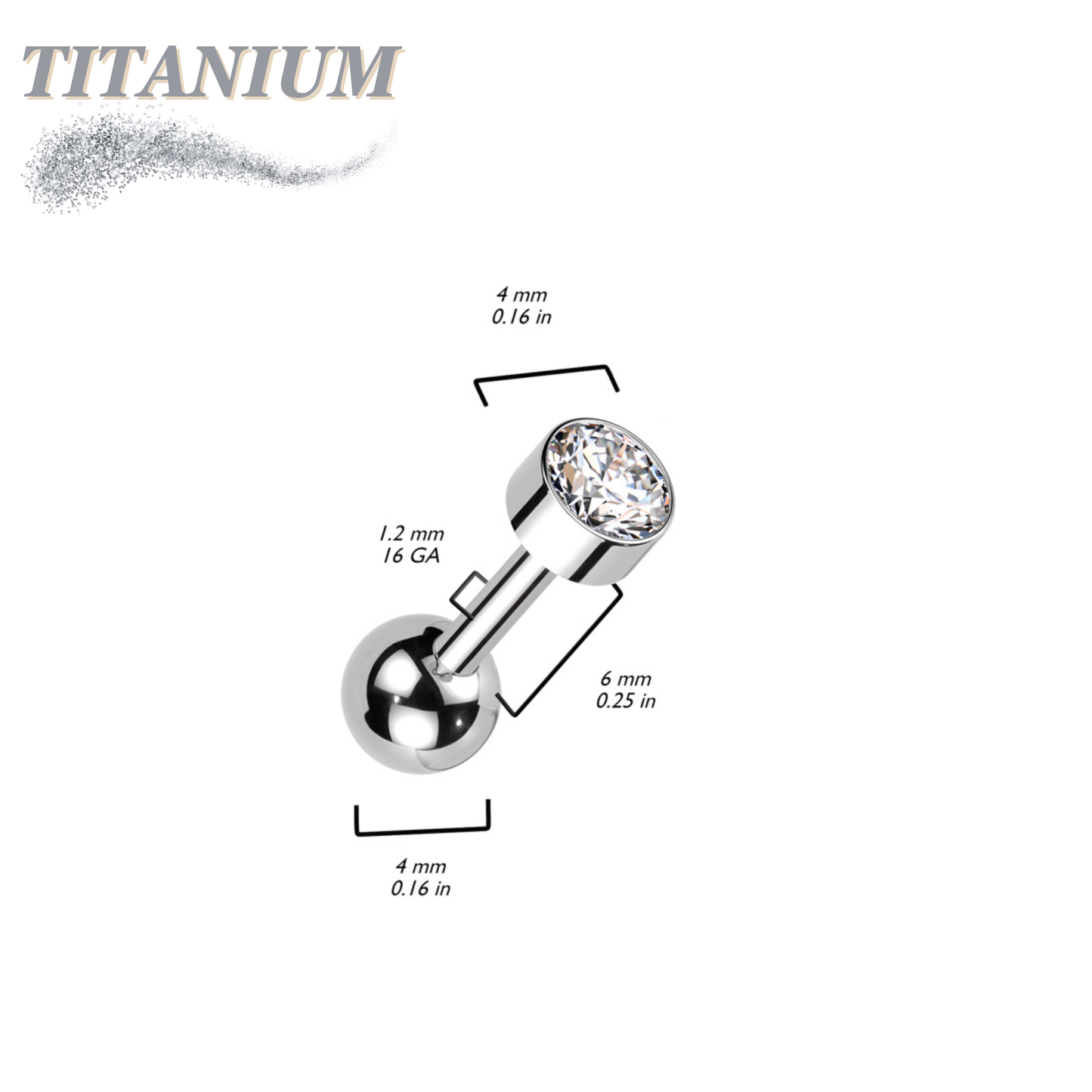 Titanium Internally Threaded Cartilage Barbell with Premium Round Bezel Set CZ
