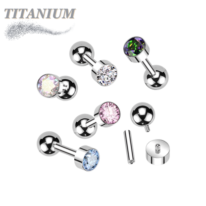 Titanium Internally Threaded Cartilage Barbell with Premium Round Bezel Set CZ