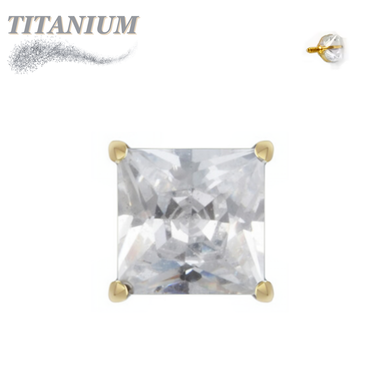 Titanium Internally Threaded Square Gem (Princess Cut) in Claw Set - (Top Only)