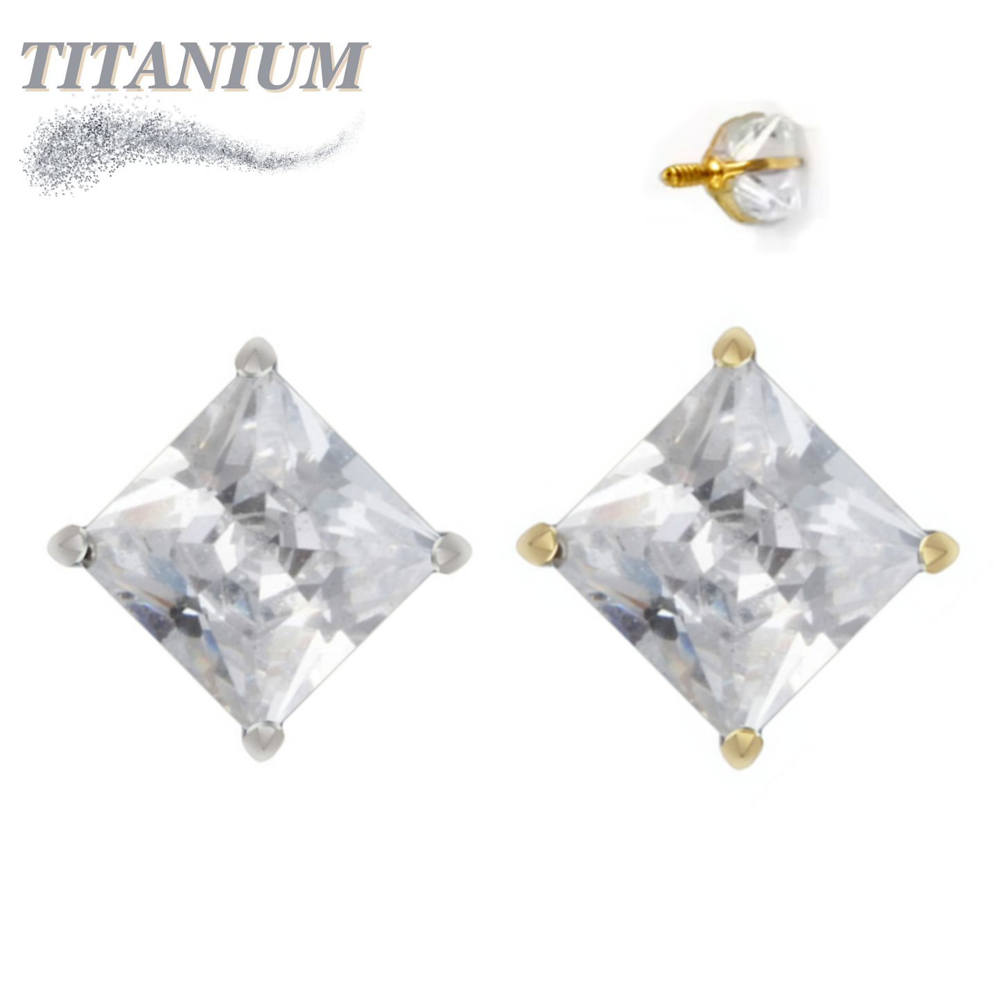 Titanium Internally Threaded Square Gem (Princess Cut) in Claw Set - (Top Only)