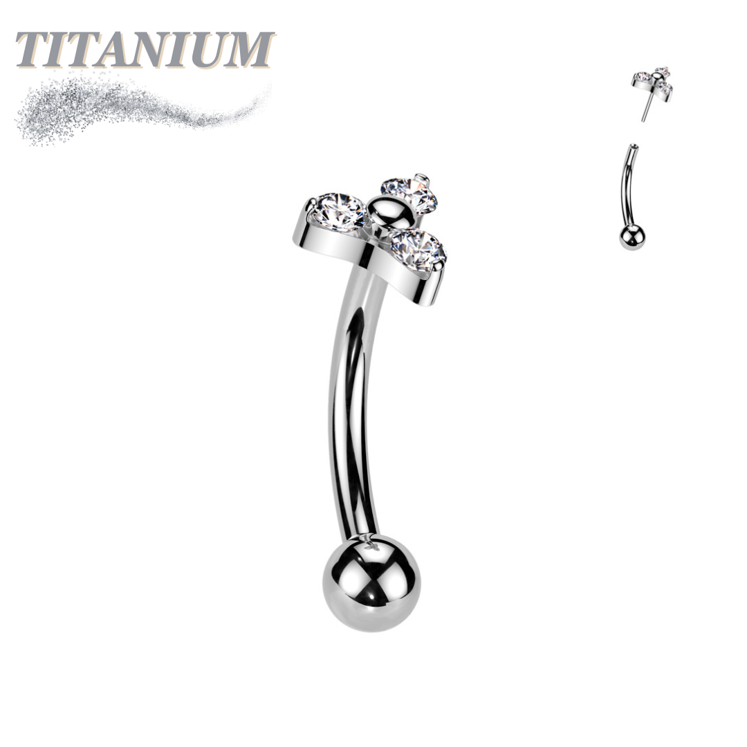 Titanium Threadless Curved Barbell with One Fixed Plain Ball and Prong Set Trinity CZ Top