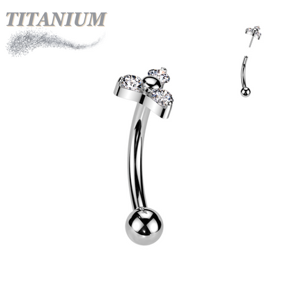 Titanium Threadless Curved Barbell with One Fixed Plain Ball and Prong Set Trinity CZ Top