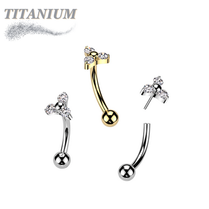 Titanium Threadless Curved Barbell with One Fixed Plain Ball and Prong Set Trinity CZ Top