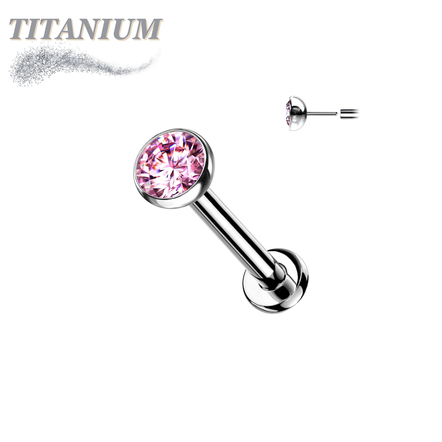 Titanium Threadless Labret with CZ Bezel Set Top (2.5mm Base)