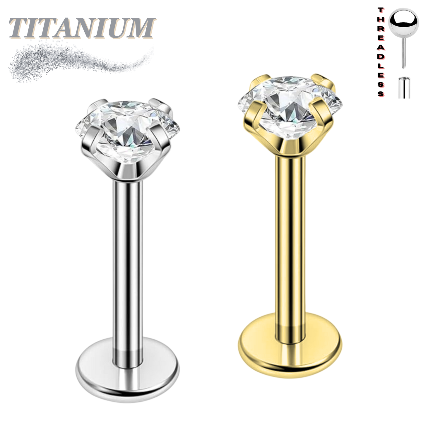 Titanium Threadless Pushpin Prong CZ Labret Combo (4mm Base)