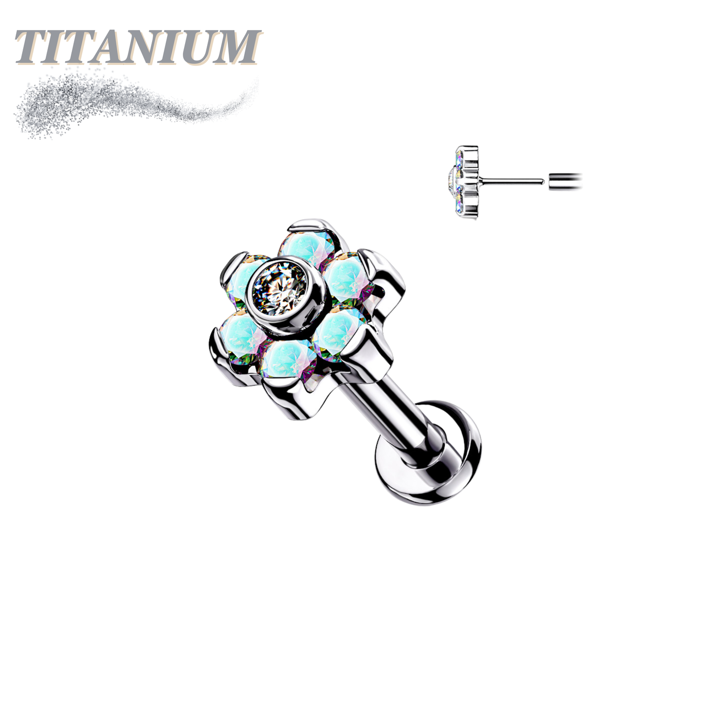 Titanium Threadless Flat Back Labret Combo with CZ Flower Top