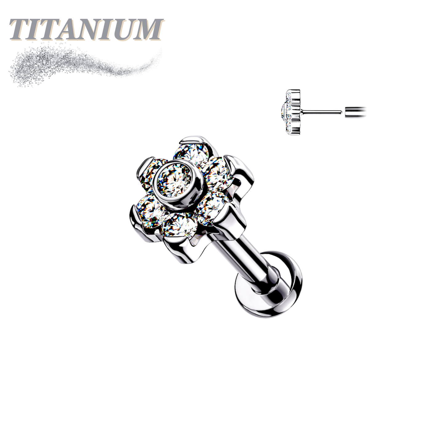 Titanium Threadless Flat Back Labret Combo with CZ Flower Top