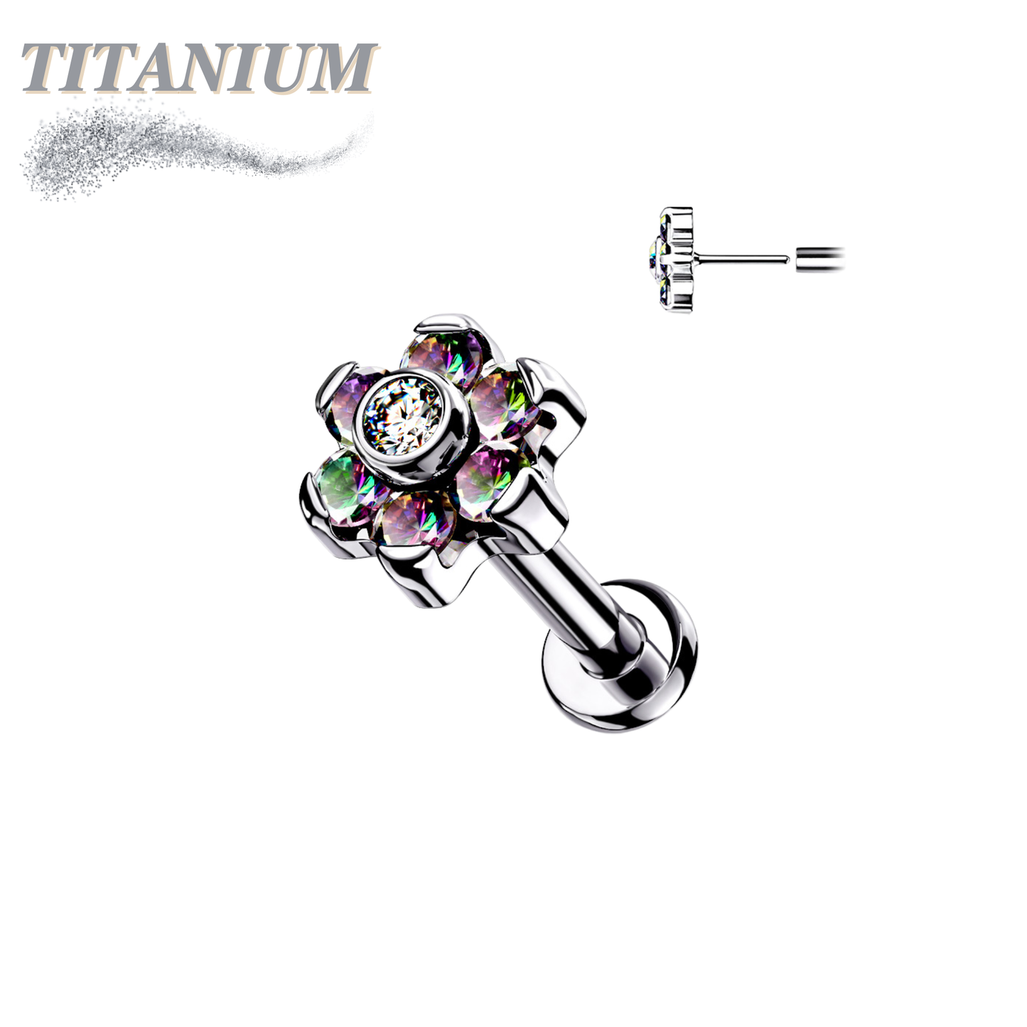 Titanium Threadless Flat Back Labret Combo with CZ Flower Top