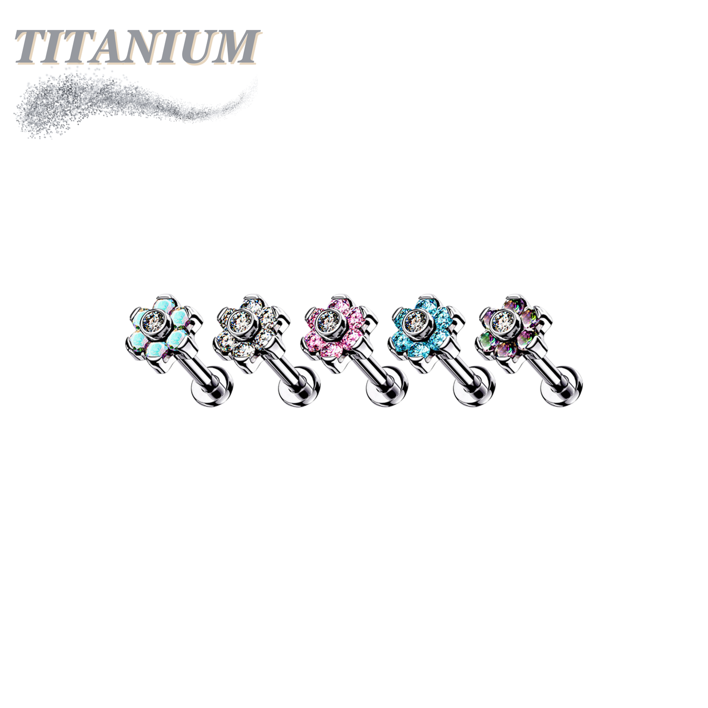 Titanium Threadless Flat Back Labret Combo with CZ Flower Top