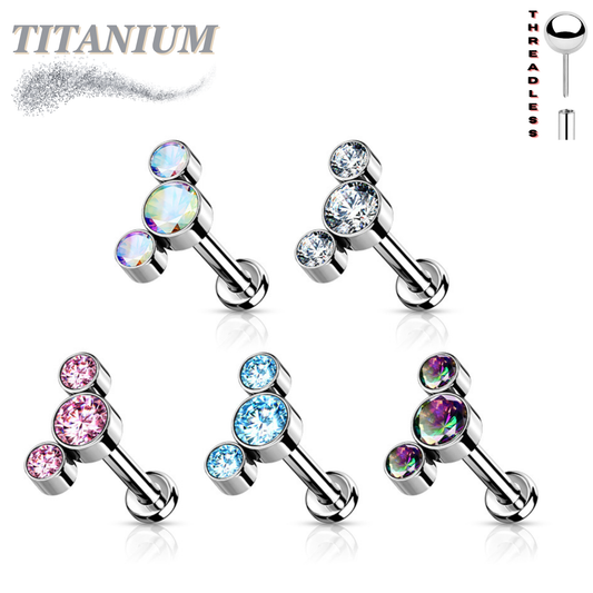 Titanium Threadless Flat Back Labret Combo with 3 CZ Bezel Curve Top