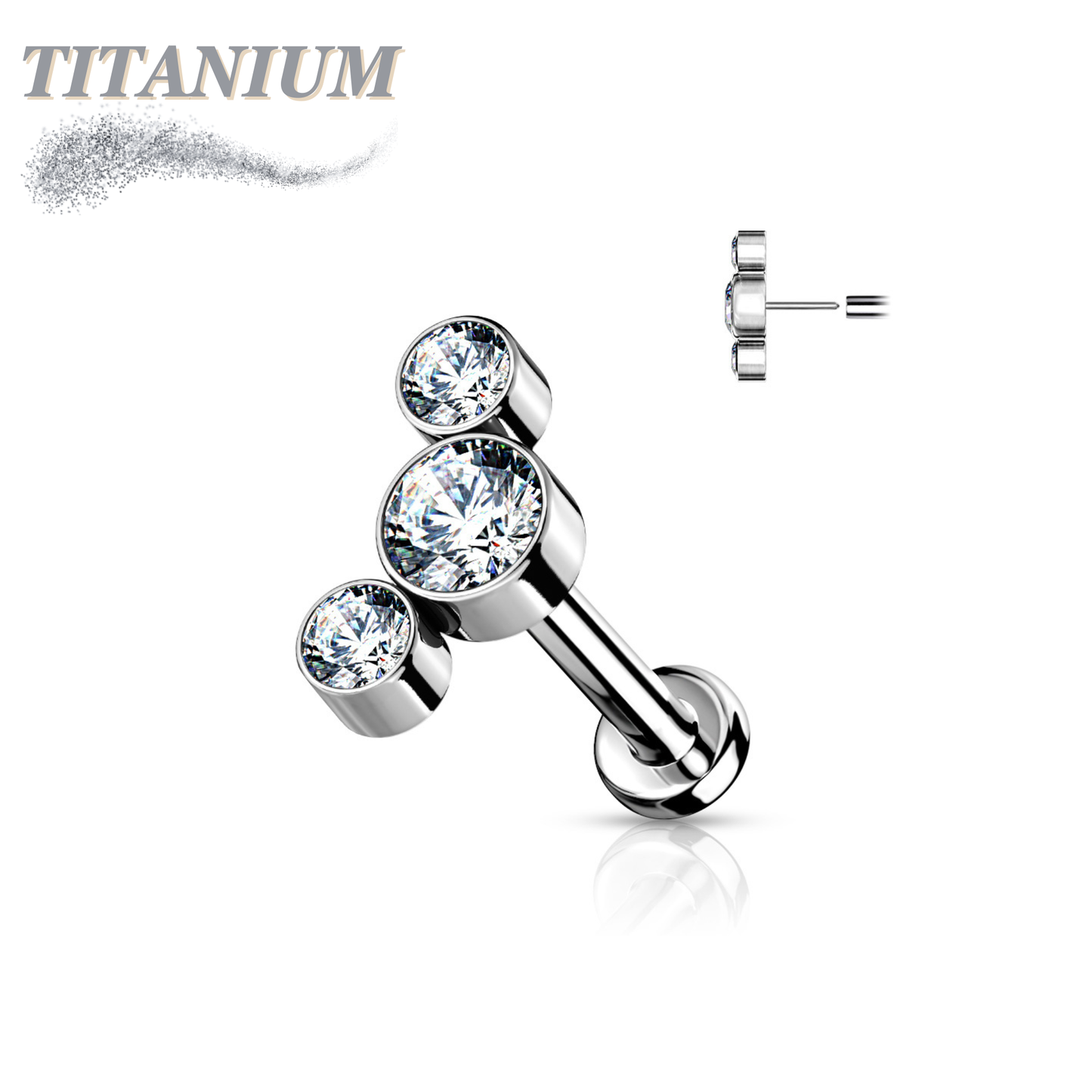 Titanium Threadless Flat Back Labret Combo with 3 CZ Bezel Curve Top