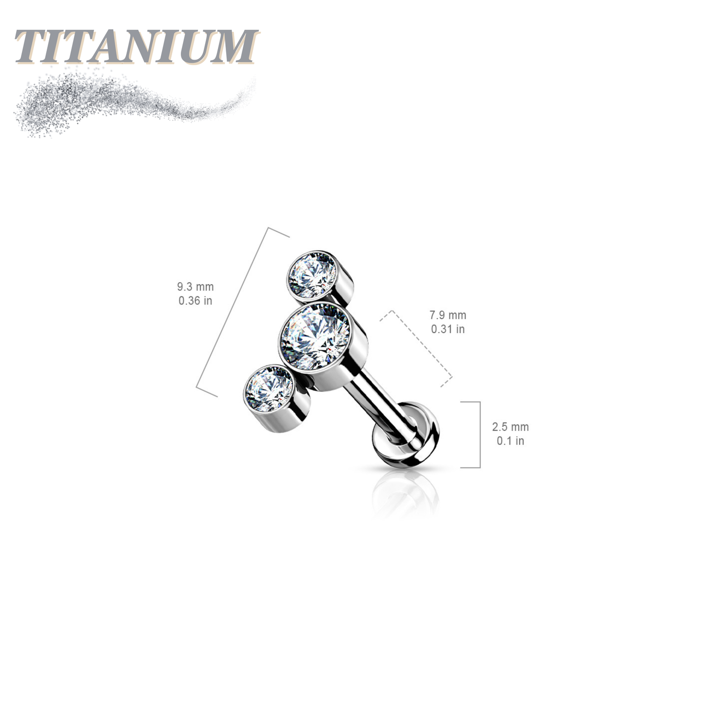 Titanium Threadless Flat Back Labret Combo with 3 CZ Bezel Curve Top
