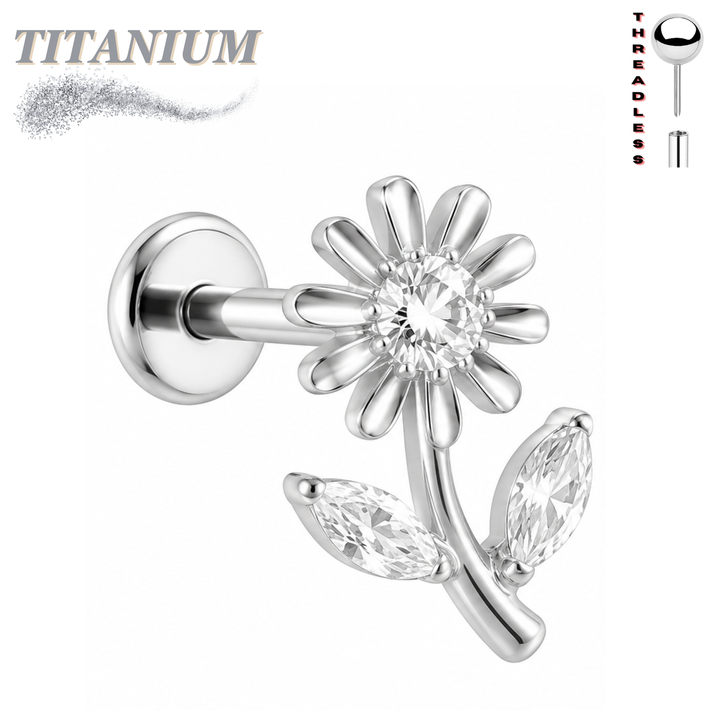 Titanium Threadless Labret w/ Tall CZ Flower