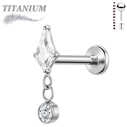 Titanium Threadless Labret w/ CZ Stiletto Kite & Bezel Dangle